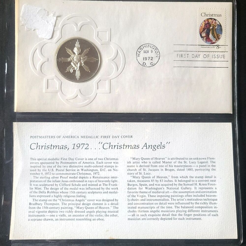 1972 Postmasters of America Christmas Angels Silver Medal FDC Franklin‎ Mint